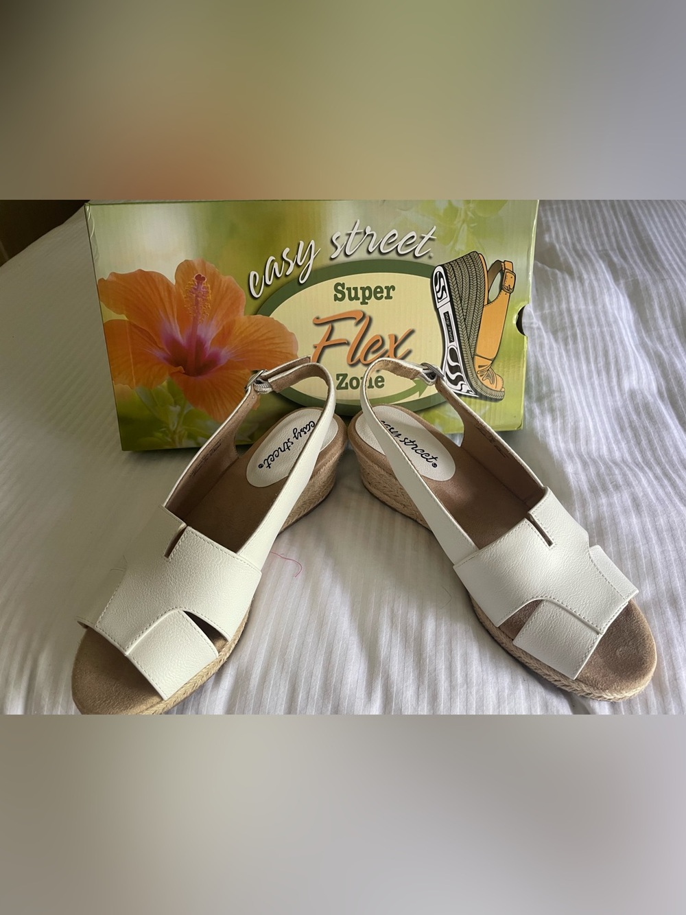 NEW Easy Street White Jute-Wedge Slingback Sandals - 7W